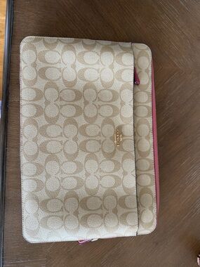 Coach Beige Signature Canvas Laptop Case with Pink Trim